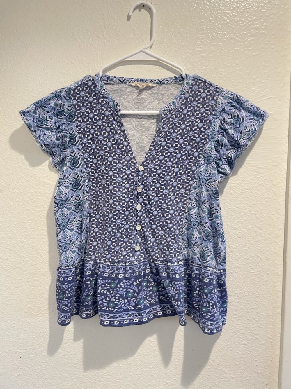 ✨ Lucky Brand Blue Boho Mixed Print Flutter Sleeve Peplum Top • S ✨